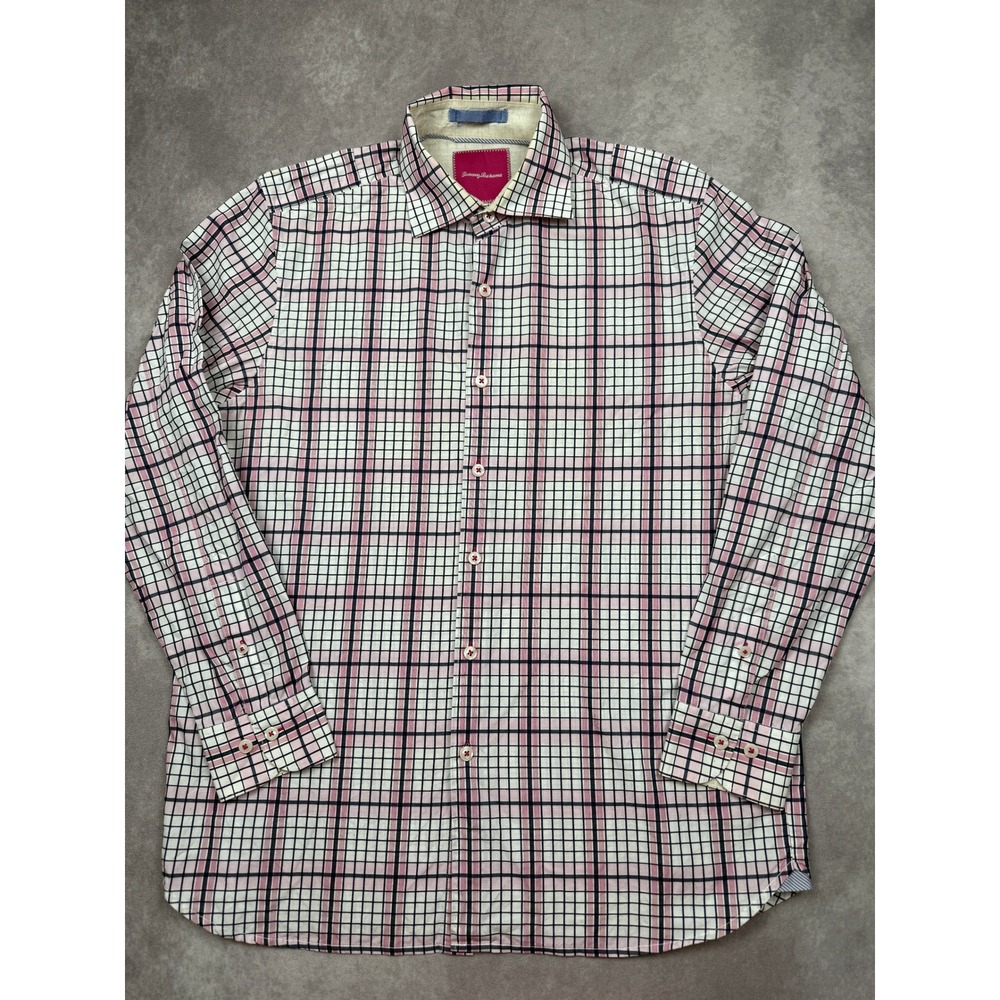 Tommy Bahama Men M Pink‎ Plaid Check Shirt Button Long Sleeve 100% Cotton Preppy
